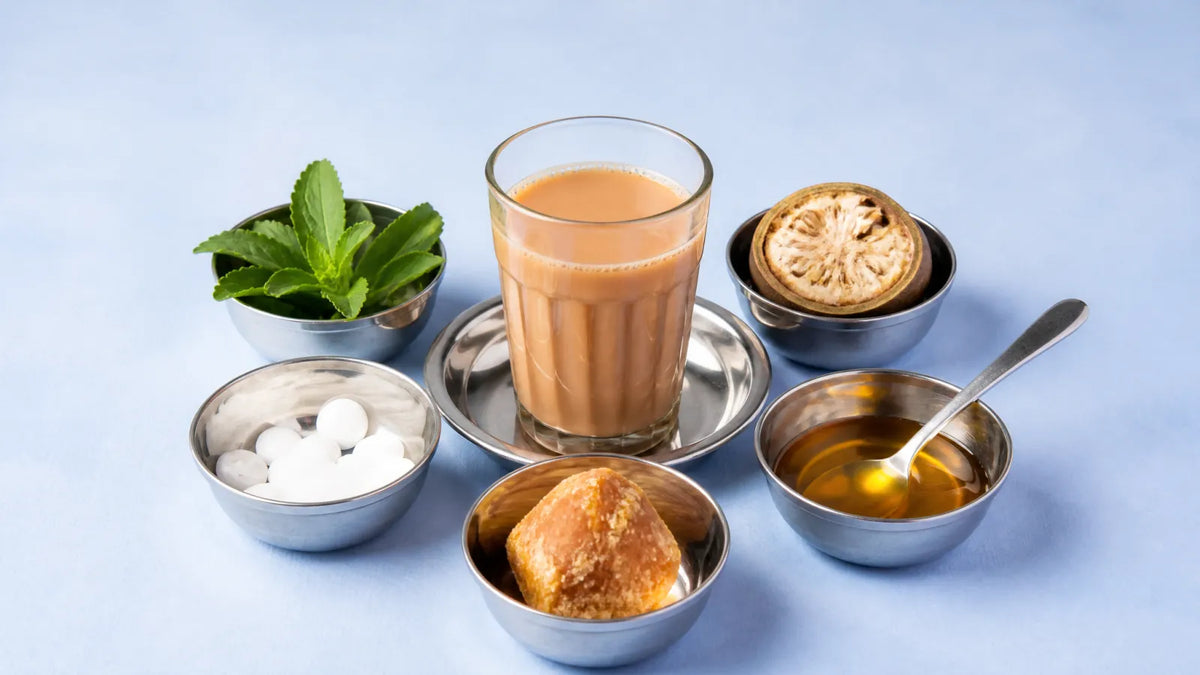 A cup of chai ringed by five katoris: stevia leaves, a halved monk fruit, sweetener tablets, a lump of gur and honey