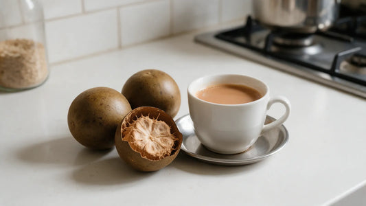 Three dried luo han guo fruits, one split open, beside a cup of chai on a kitchen counter