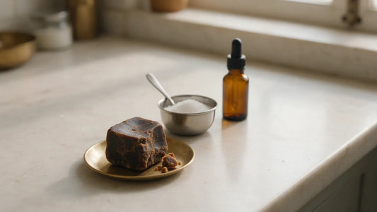 A block of jaggery on a brass plate, a steel bowl of white sugar and a small dropper bottle on a kitchen counter
