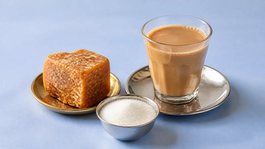 A block of jaggery on a brass plate and a steel bowl of white sugar beside a glass of masala chai