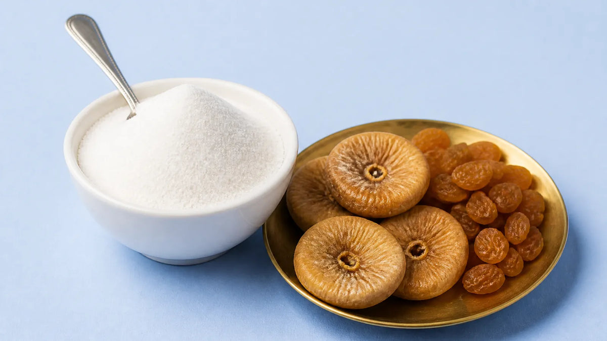 Small white bowl of fine white allulose granules beside a brass plate of dried figs and golden raisins