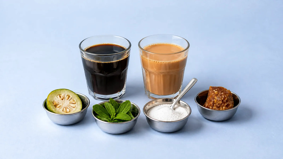 Glass of black coffee and a glass of chai with four steel katoris holding monk fruit, stevia leaves, white powder and gur