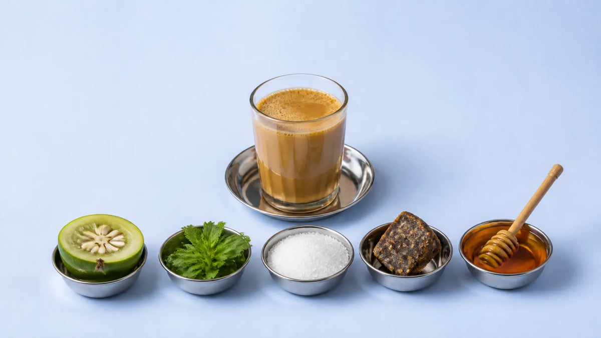 Glass of chai on a steel saucer in front of five katoris holding monk fruit, stevia leaves, allulose, gur and honey