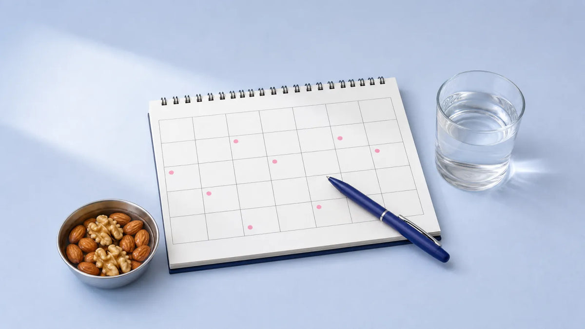 Paper monthly calendar with pink dots at uneven intervals, a pen, a glass of water and a bowl of almonds and walnuts