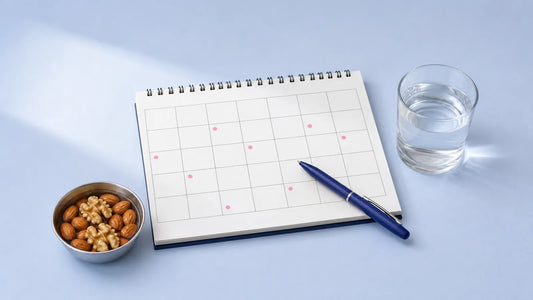 Paper monthly calendar with pink dots at uneven intervals, a pen, a glass of water and a bowl of almonds and walnuts