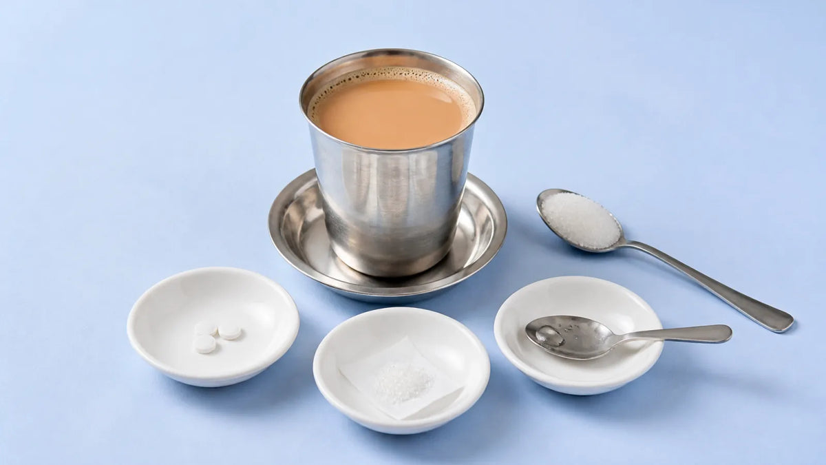 A steel tumbler of chai with dishes of sweetener tablets, a torn sachet and drops on a spoon, beside a spoon of sugar