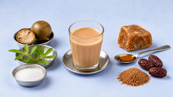 A glass of chai between katoris of halved monk fruit, stevia and allulose, and gur, honey, dates and coconut sugar