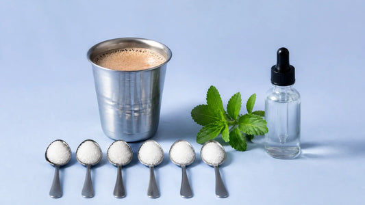 A steel tumbler of chai, a row of six teaspoons of sugar and a stevia sprig beside a plain dropper bottle