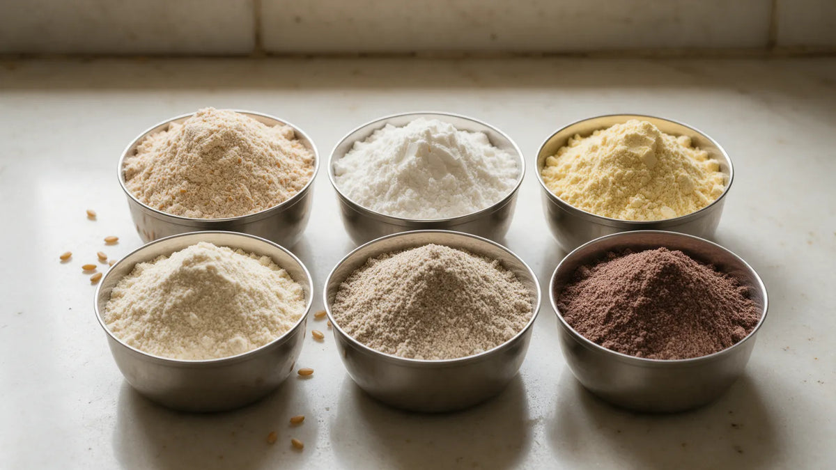 Six steel katoris on a kitchen counter, each heaped with a different flour, from white to dark brown