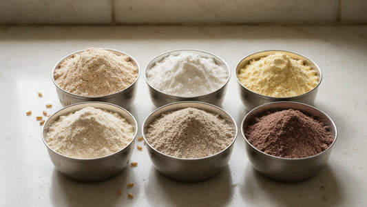 Six steel katoris on a kitchen counter, each heaped with a different flour, from white to dark brown