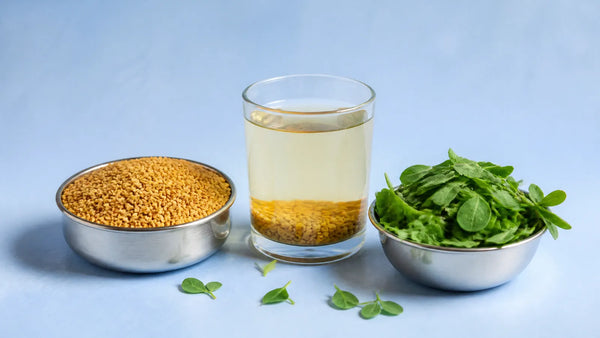 A steel katori of methi seeds, a glass of soaked methi water with seeds settled at the bottom and a bowl of methi leaves