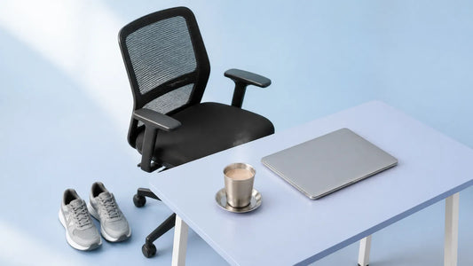 An empty office chair pushed back from a pale desk with a closed laptop and a steel tumbler of chai, walking shoes on the floor