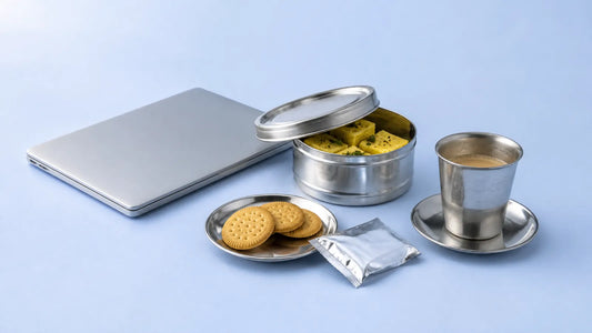 A closed laptop beside a steel tiffin of dhokla, a plate of biscuits and a steel tumbler of chai on a desk