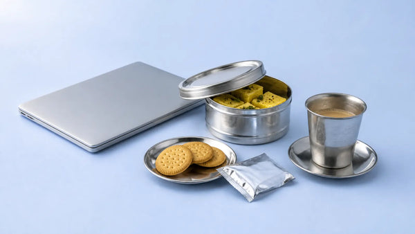 A closed laptop beside a steel tiffin of dhokla, a plate of biscuits and a steel tumbler of chai on a desk