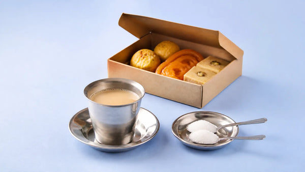 A steel tumbler of chai beside two spoons of sugar, with an open box of mithai behind