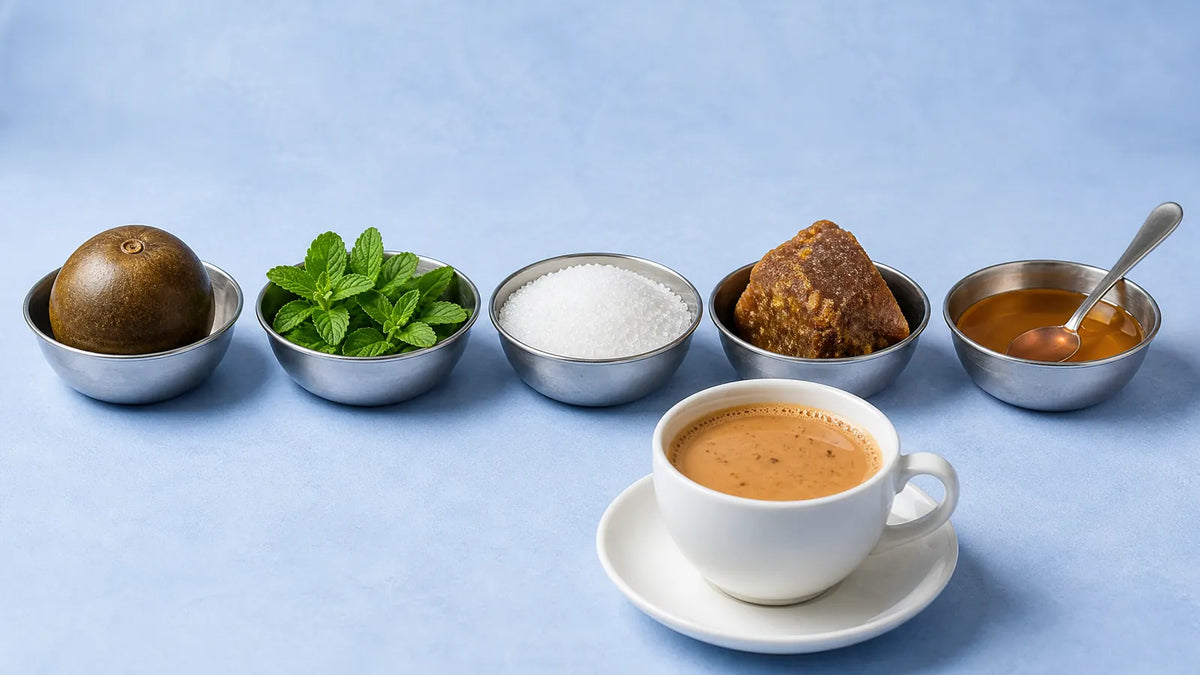 A cup of masala chai in front of a row of five steel katoris with a whole monk fruit, stevia, white granules, gur and honey