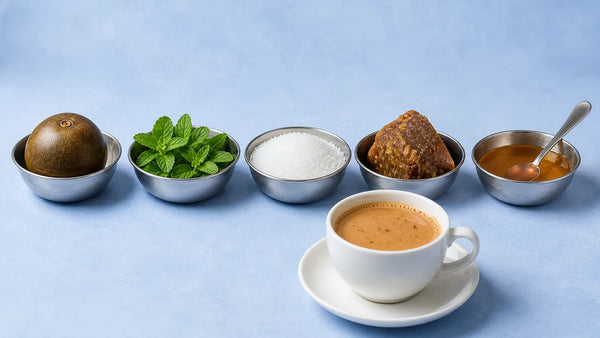 A cup of masala chai in front of a row of five steel katoris with a whole monk fruit, stevia, white granules, gur and honey