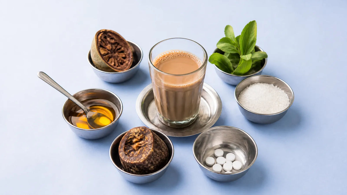 A glass of masala chai ringed by six steel katoris of monk fruit, stevia, white granules, tablets, gur and honey