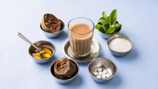 A glass of masala chai ringed by six steel katoris of monk fruit, stevia, white granules, tablets, gur and honey