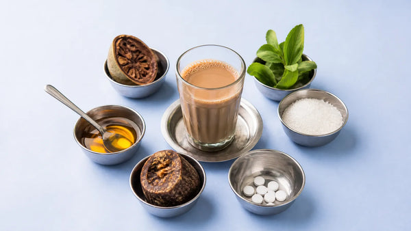 A glass of masala chai ringed by six steel katoris of monk fruit, stevia, white granules, tablets, gur and honey