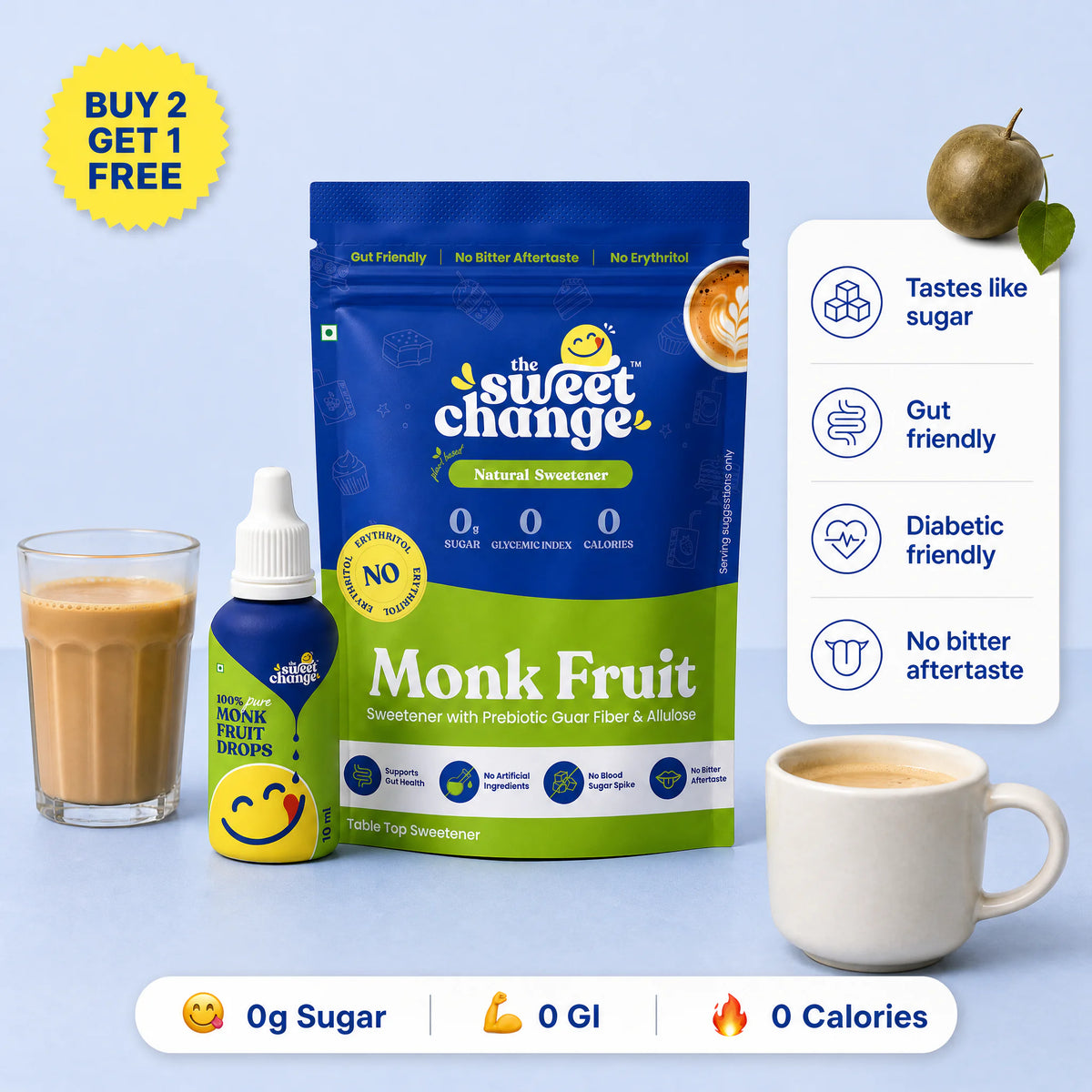 The Sweet Change monk fruit drops and powder pouch with chai and coffee, Buy 2 Get 1 free, 0g sugar, 0 GI, 0 calories