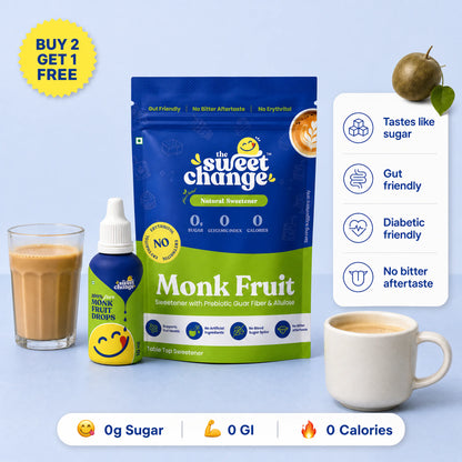 The Sweet Change monk fruit drops and powder pouch with chai and coffee, Buy 2 Get 1 free, 0g sugar, 0 GI, 0 calories