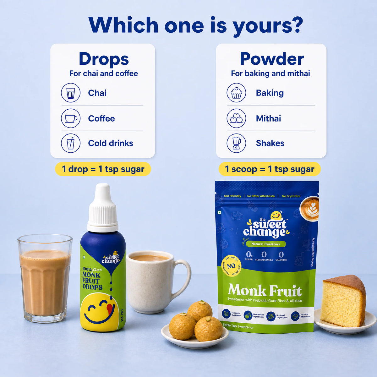 Monk fruit drops for chai, coffee and cold drinks vs powder for baking, mithai and shakes; 1 drop or 1 scoop = 1 tsp sugar