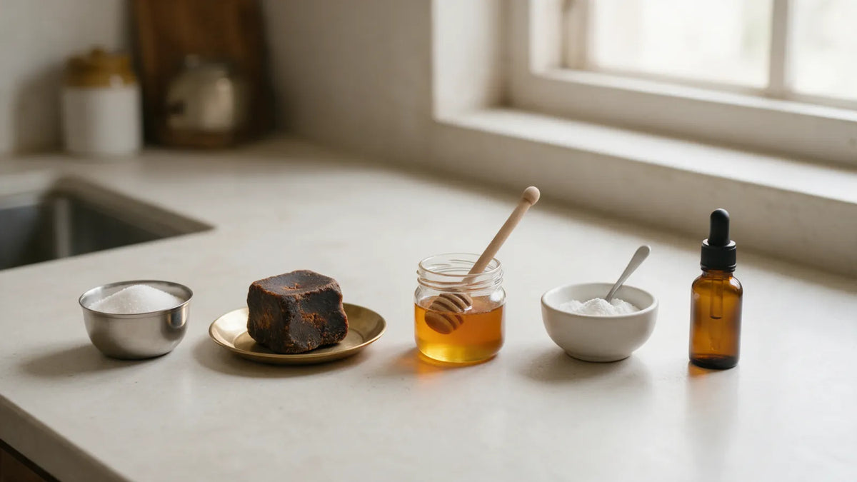 Bowls of sugar, jaggery, honey and white powder on a kitchen counter beside a small plain dropper bottle