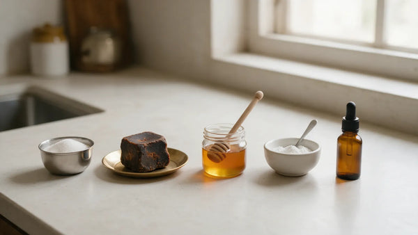 Bowls of sugar, jaggery, honey and white powder on a kitchen counter beside a small plain dropper bottle