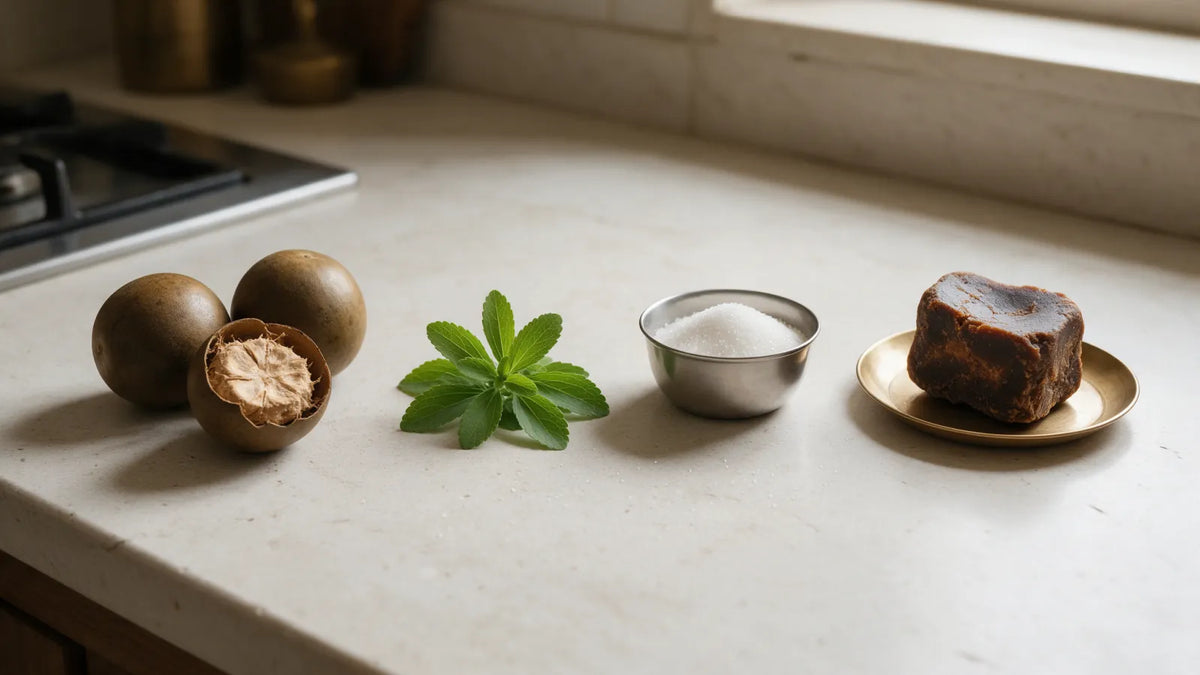 Luo han guo fruits, one cracked open, beside stevia leaves, a bowl of sugar crystals and a block of jaggery on a counter