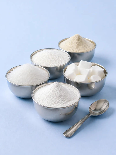 Five steel katoris of different white sweeteners, crystals, granules and sugar cubes on a pale blue table