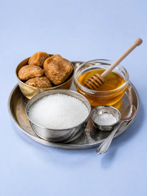 A steel tray with bowls of sugar, jaggery pieces, honey and a pinch of white powder on a pale blue table
